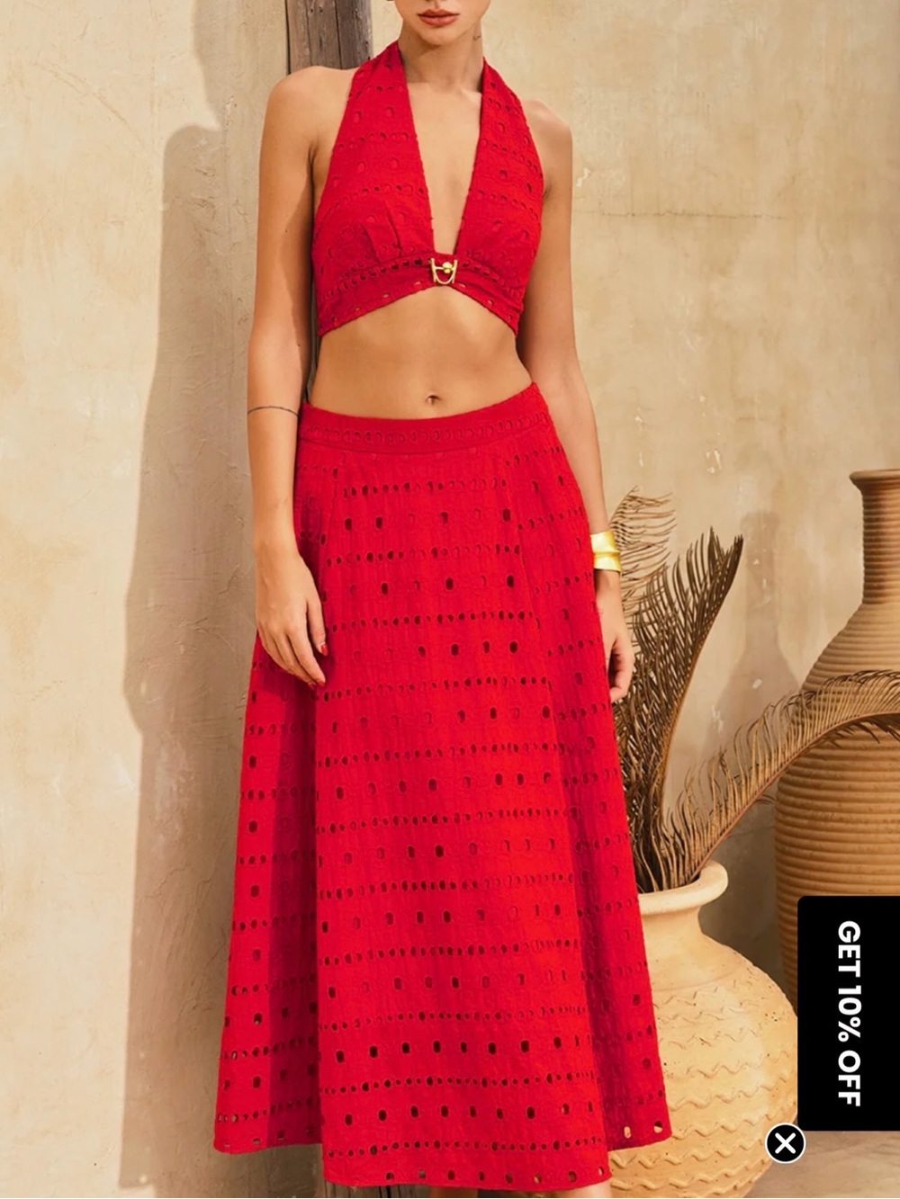 Commense Red Eyelet Halter Crop Top & Maxi Skirt Set
